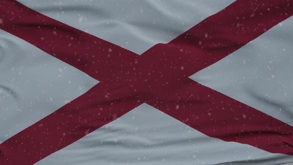 Alabama Winter Flag with Snowflakes Background