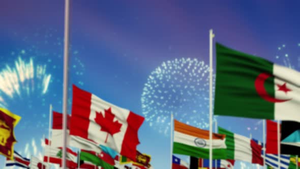 Iran Flag With World Globe Flags And Fireworks 