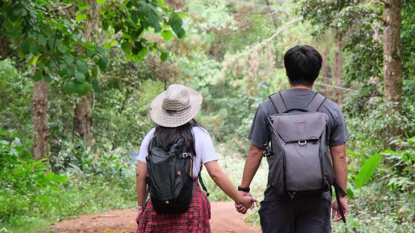 Rear view of a young couple of hikers walking hand in hand walking on the road in nature.