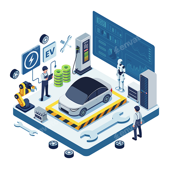 Isometric Electric Vehicle Maintenance with AI and Robotics