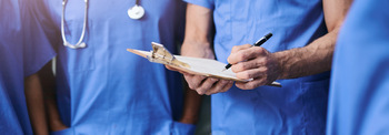 People, nurses and write on clipboard in hospital of surgery schedule, medical checklist and health