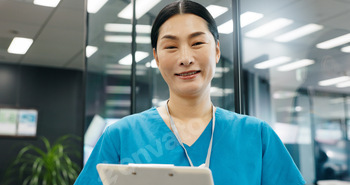 Nurse, clipboard and portrait of Japanese woman with smile, document and medical checklist in hospi