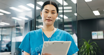 Surgeon, clipboard and portrait of Japanese woman with healthcare, document and medical checklist i