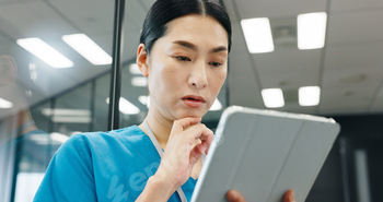 Nurse, tablet and thinking of Japanese woman with planning, web document and medical checklist in h