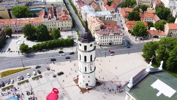 Iconic bell tower of Vilnius Cathedral, aerial ascend view