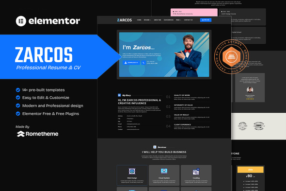 Zarcos - Professional Resume & CV Elementor Template Kit