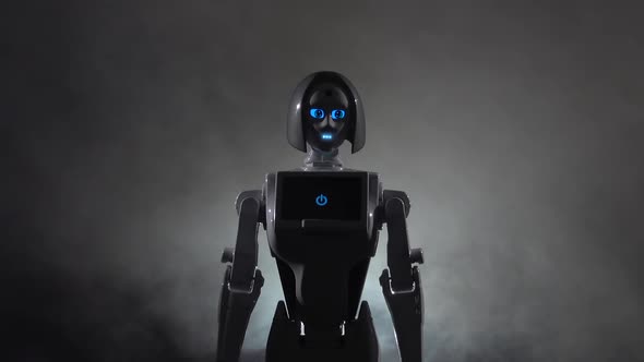 Robot Calls To Itself. Black Smoke Background