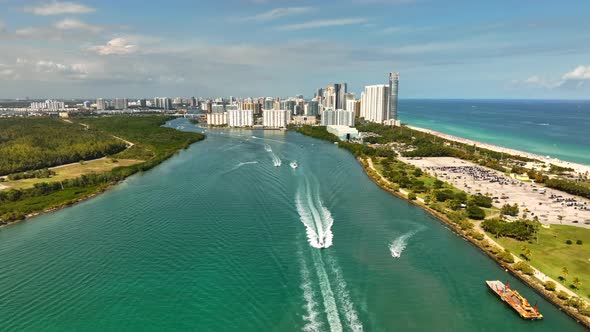 Weekend boating in Miami aerial drone video