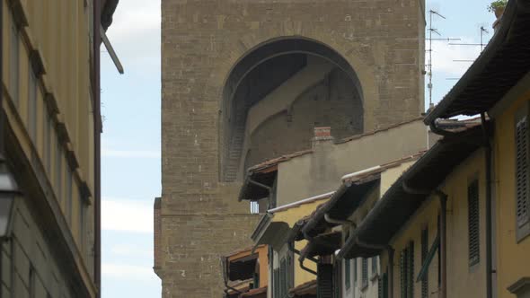 Tilt up of houses and a tower