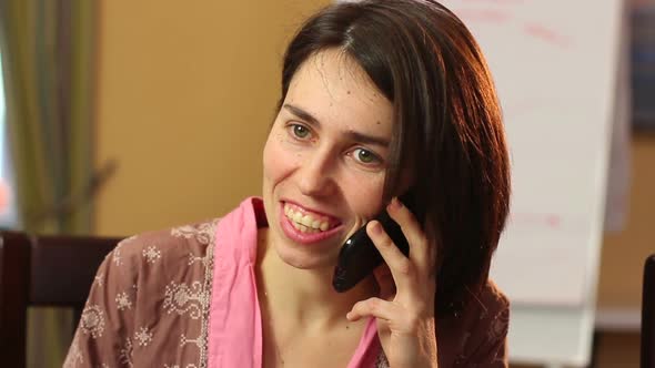 Divorced Single Woman Smiling Laughing, Talks Over Phone, Dating