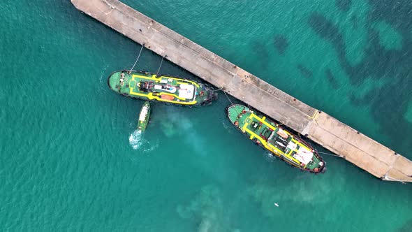 Tugboat to mooring Aerial View 4 K Turkey Alanya