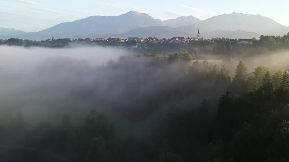 Flying above the river and fog