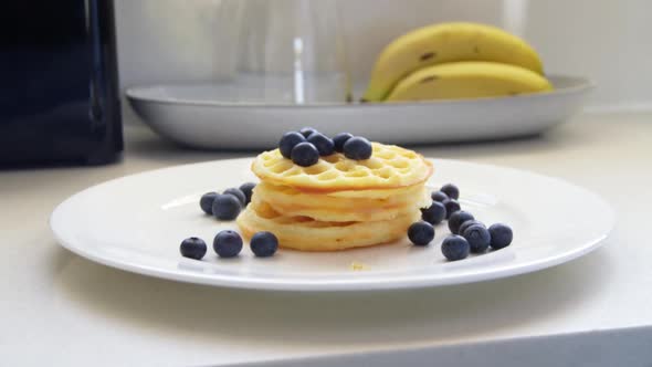 Honey being poured on waffle and blueberries in kitchen at home 4k