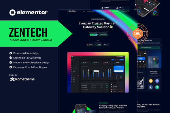 Zentech - Mobile App & Fintech Startup Elementor Template Kit