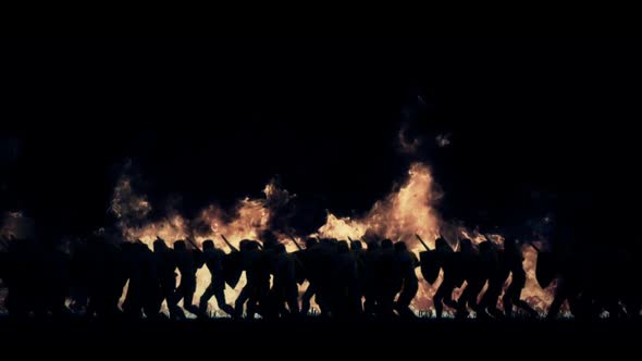 Army Of Knights Marching In A Burning Field