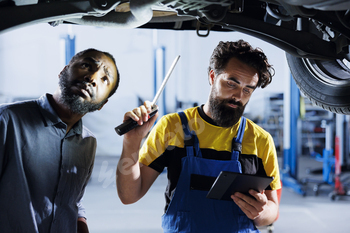 Technician checks car tires with client