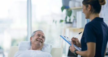 Checklist, physiotherapist and senior woman in clinic for checkup on injury, accident or rehabilita