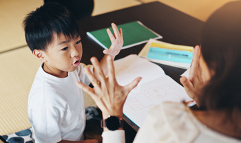 Mother, child and hands for counting at house with maths lesson, education support and learning num