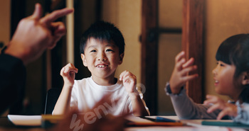 Education, children and counting in home for learning, math lesson and help with parent. Japanese f