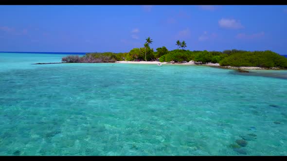 Aerial drone panorama of idyllic lagoon beach trip by clear lagoon and white sandy background of a p