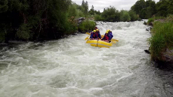 Aerial shot of people white water rafting on Rouge River, Oregon