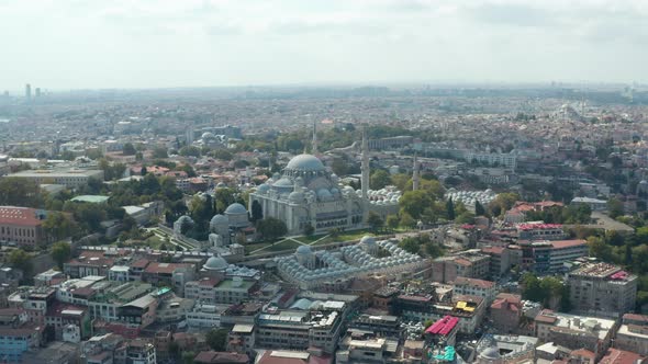 Mosque on a Hill in Istanbul with Clear Sky and Impressive Architecture, Scenic Aerial Wide View