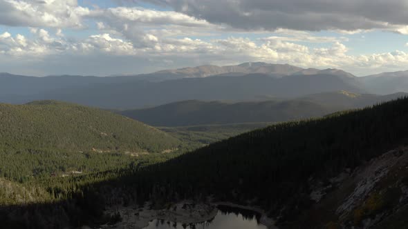 Aerial Drone footage in the mountains of Colorado near St. Mary's Glacier. Overlooking the mountains