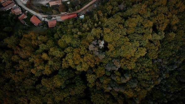 Birds eye view from drone flying over Cisnadioara, Romania