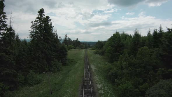 FPV Drone Flies Rapidly Along the Railroad Tracks Surrounded By Pine Forest