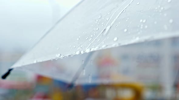 Closeup of the Edge of a Transparent Umbrella in the Rain