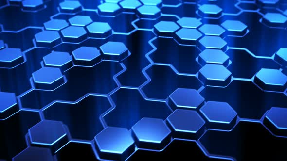 Infinite net of connected navy blue hexagons. Inspiring background. Loopable. HD