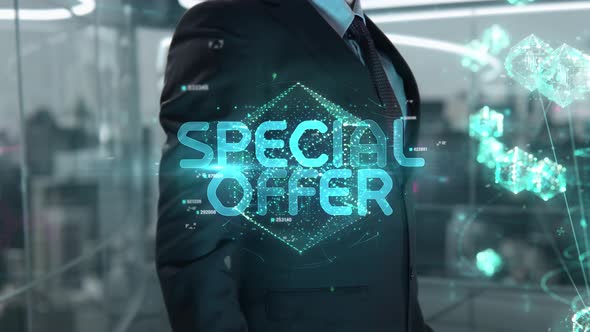 Businessman with Special Offer Hologram Concept