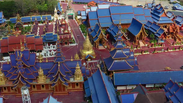 Aerial View of Wat Phiphat Mongkhon Blue Temple in Sukhothai Thailand