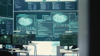 Advanced cyber surveillance room with no personnel present