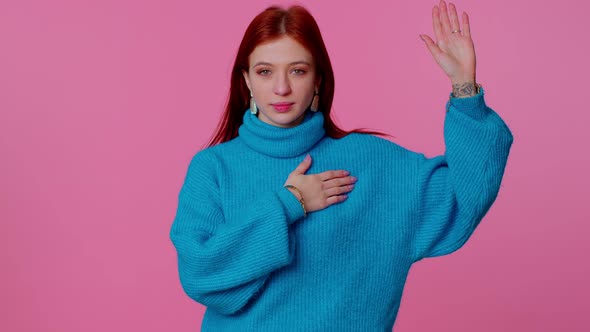 Sincere Responsible Teen Girl Raising Hand to Take Oath Promising to Be Honest and to Tell Truth