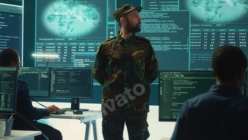 Military personnel working in a government cyber defense center