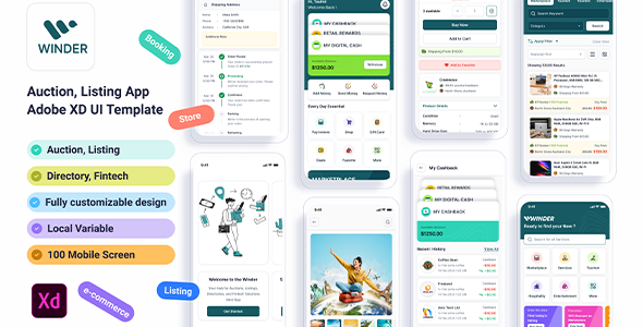 Winder –Listing Auction App Adobe XD UI Template – 0 Sold!