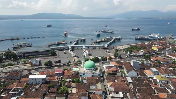 Aerial view of Port in Banyuwangi Indonesia with ferry in Bali Ocean