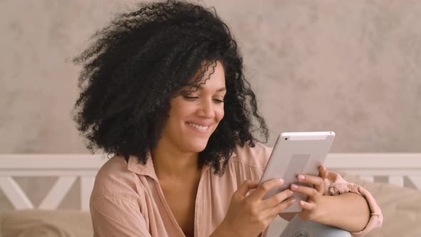 African American Woman Views Content Interesting Information News Social Networks Using Digital