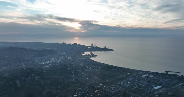 Aerial view of Batumi city at sunset. Georgia 2022 winter