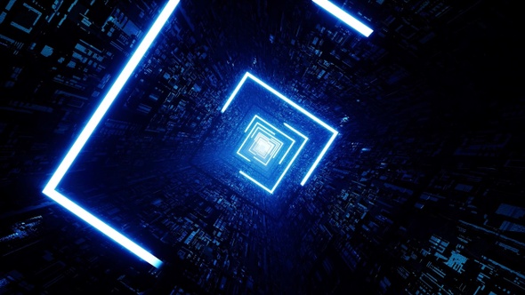 Glow Blue Light Stroke Square Sci Fi Tunnel Rotation VJ Loop