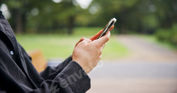 Hands, person and typing with phone at park of travel guide, communication and location directions.