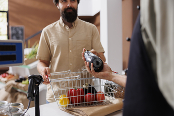 Client giving fresh produce to cashier