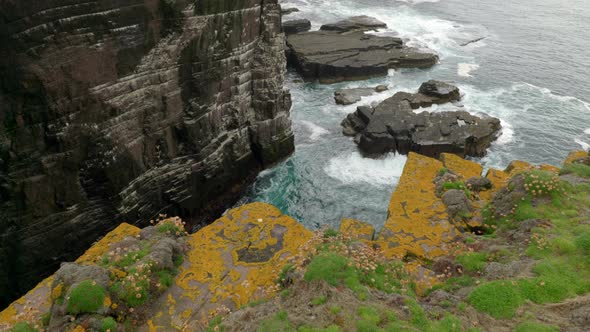 A slow tilting shot gently rises to reveal a seabird colony on a dramatic, sheer sea cliff as turquo