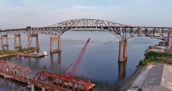 Aerial of cars traveling over the Calcasieu River Bridge in Lake Charles, Louisiana