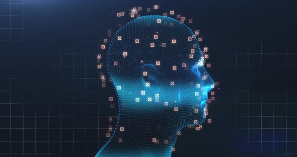 Human head model spinning against grid lines on blue background