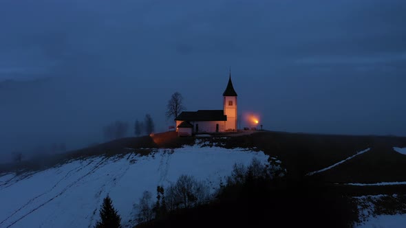 Church of St. Primoz and Felicijan at Night. Jamnik, Slovenia. Aerial View