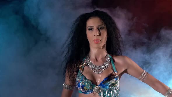 Top of Beautiful Young Belly Dancer, Modern, on Black, Blue, Red, Smoke, Slow Motion, Close Up