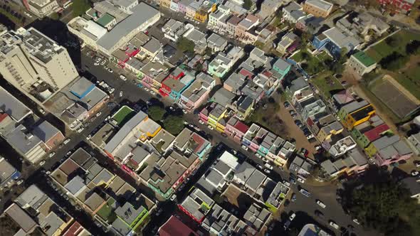 Wide aerial top down drone shot of Bo-Kaap, Cape Town South Africa neighborhood above Wale and Rose