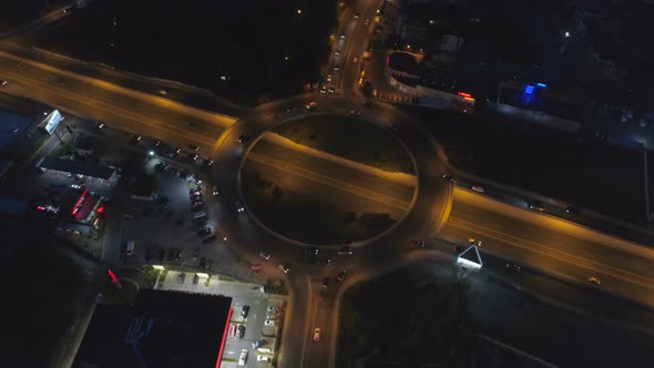 Aerial Top View Traffic Roundabout Road in City at Night